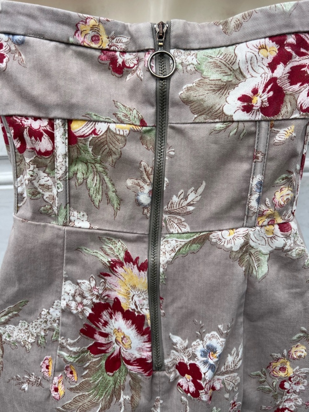 H&M Strapless Floral  Denim Sweetheart Midi Dress Gray Taupe Women's 4 Cottage - Picture 10 of 13